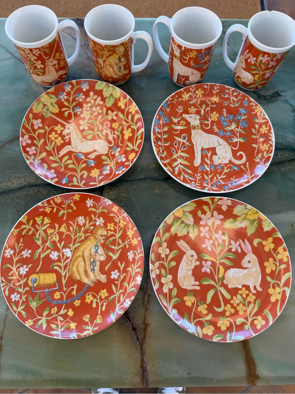 VTG Seymour Mann Flemish (Hunt of Unicorn) Tapestry 8-Pc 4 Plates 4 Mugs 8.5in